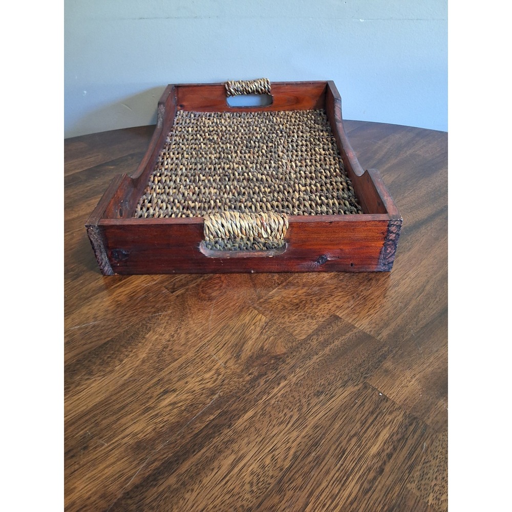 Rustic Wood and Woven Seagrass Serving Tray with Handles Brown Rectangle 17.5in - Picture 7 of 7